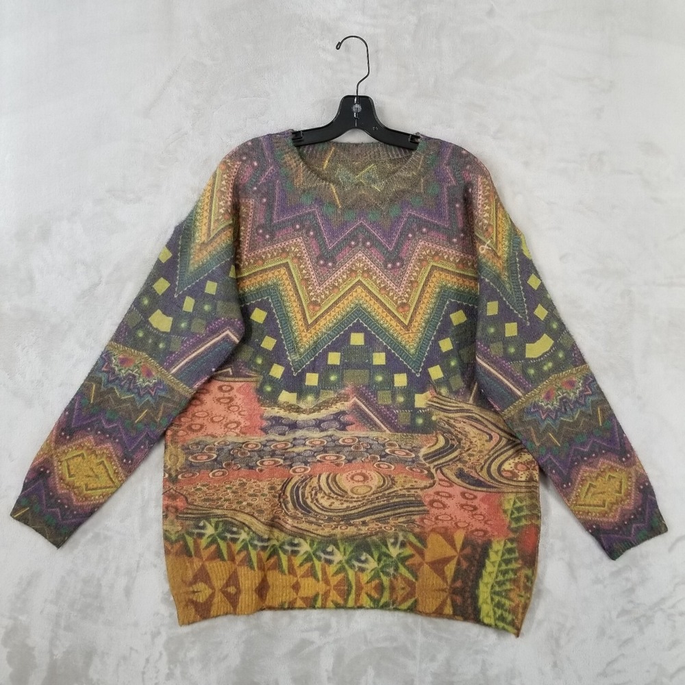YesNo Sweater‎ Women XL Wool Cotton Psychedelic Space Age Art Printed Crew Tunic